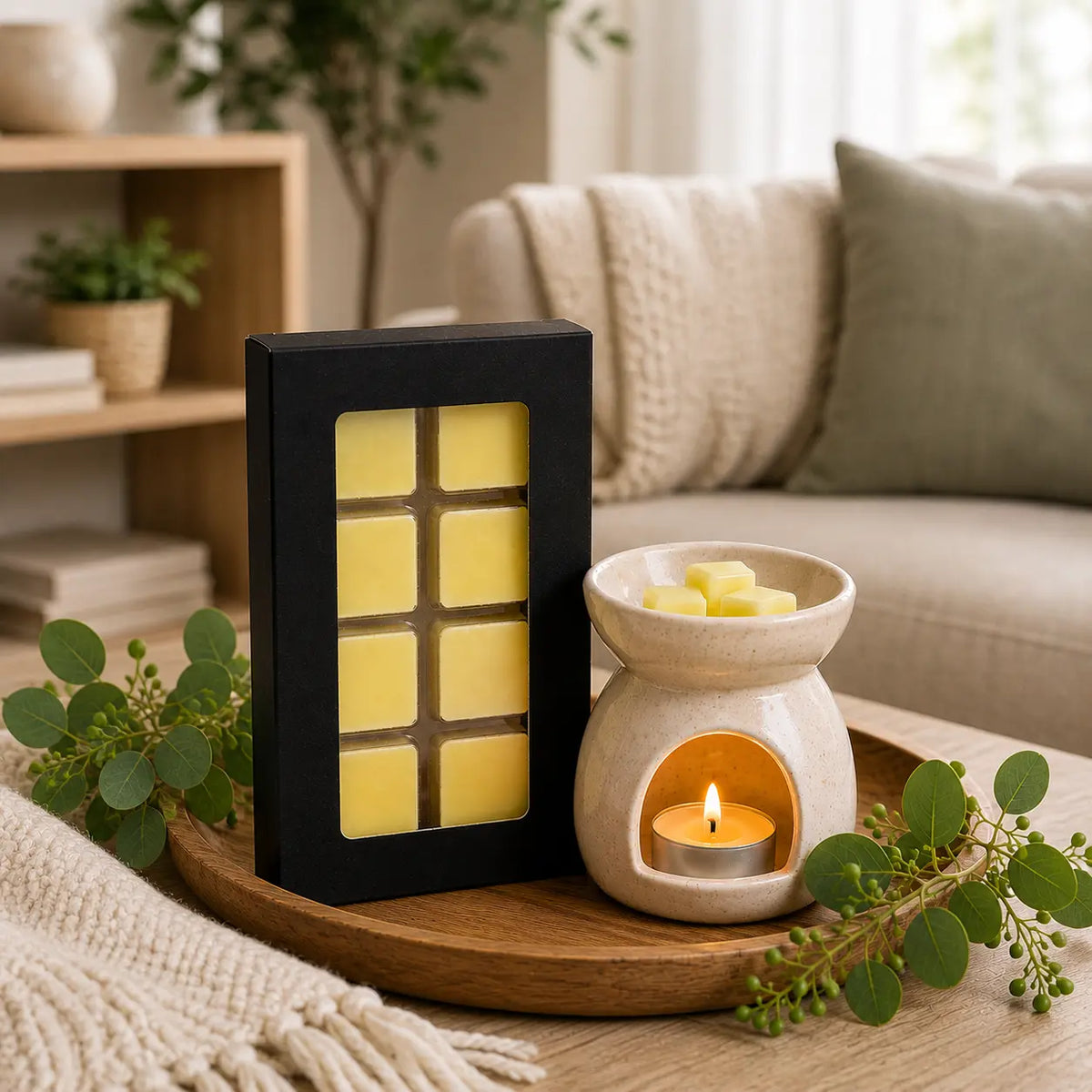 Scented wax melt gift set with black tray and burning tea light in ceramic wax warmer.