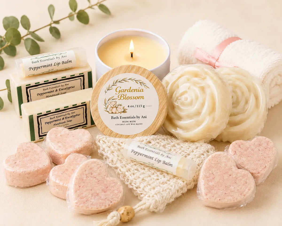 Self care set with lit candle, Gardenia Blossom soap round, spiral soap, and heart soaps