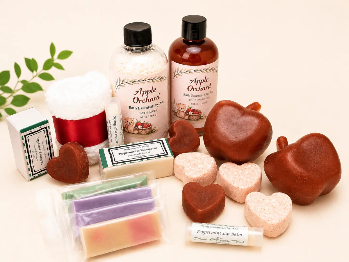 Apple Orchard gift set with bottles, heart soaps, and packaged bath items on tray
