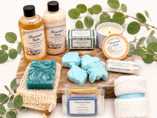 Spa gift set with blue bath bars, turquoise bath bombs, soaps, loofah and candle