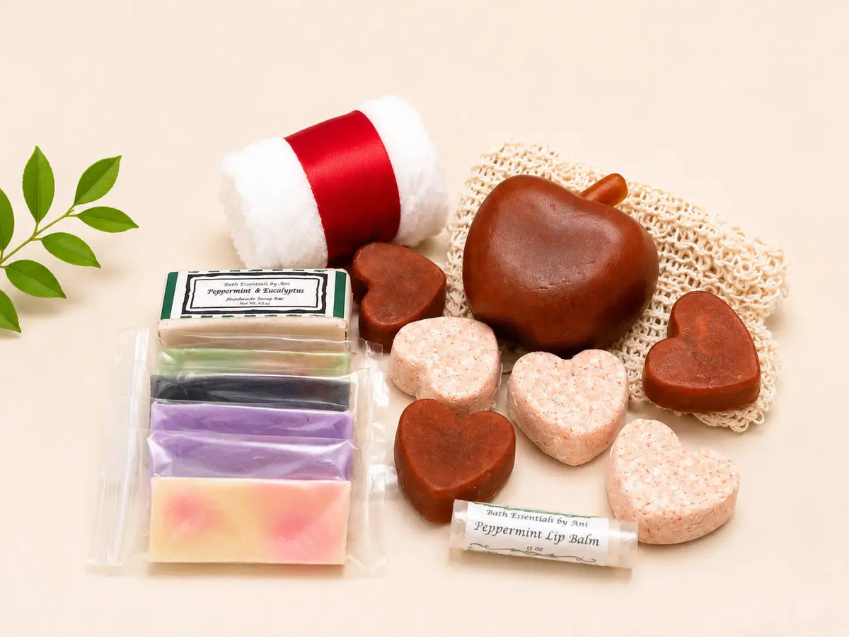 Apple Orchard bath gift set with heart soaps, lip balm, and colorful soap bars with pouch