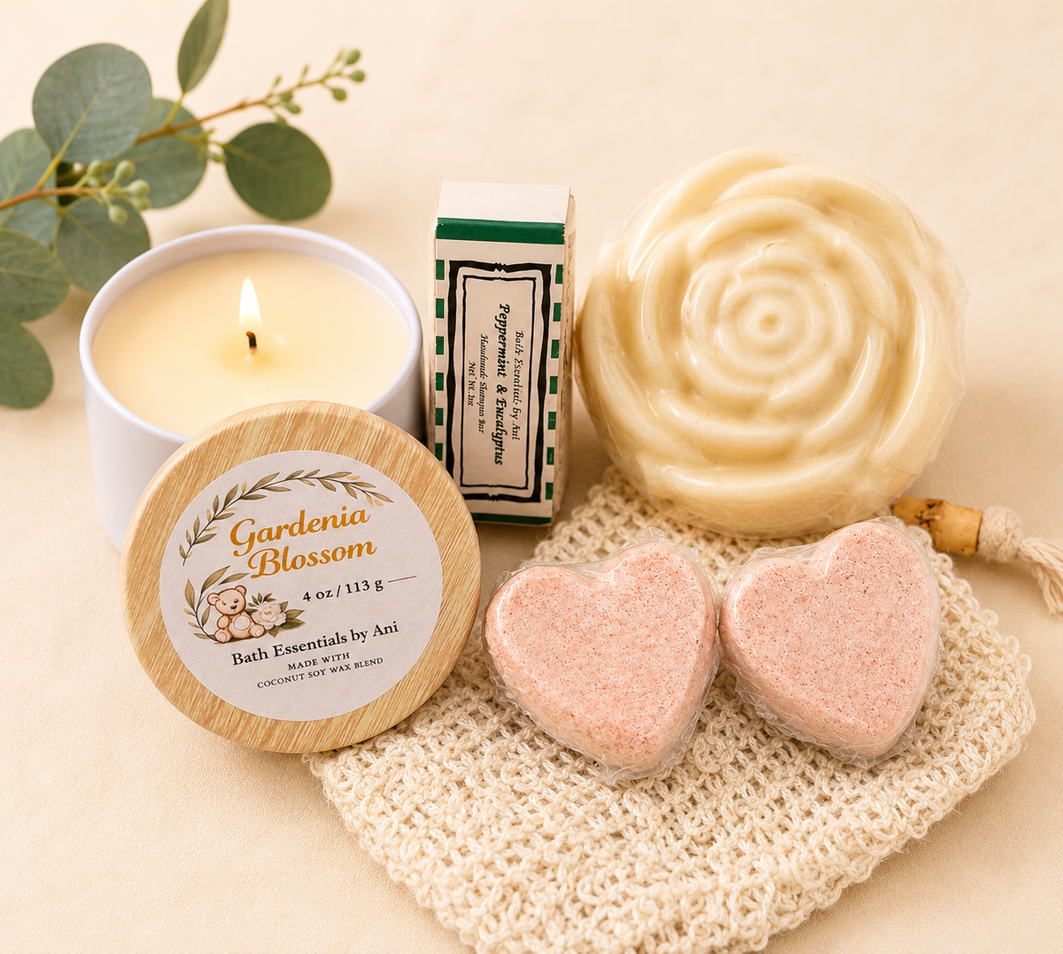Gardenia blossom spa set with candle, round tin, heart bath bombs, rose soap