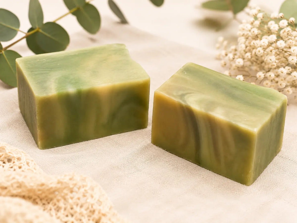 Two green soap bars on white textured cloth