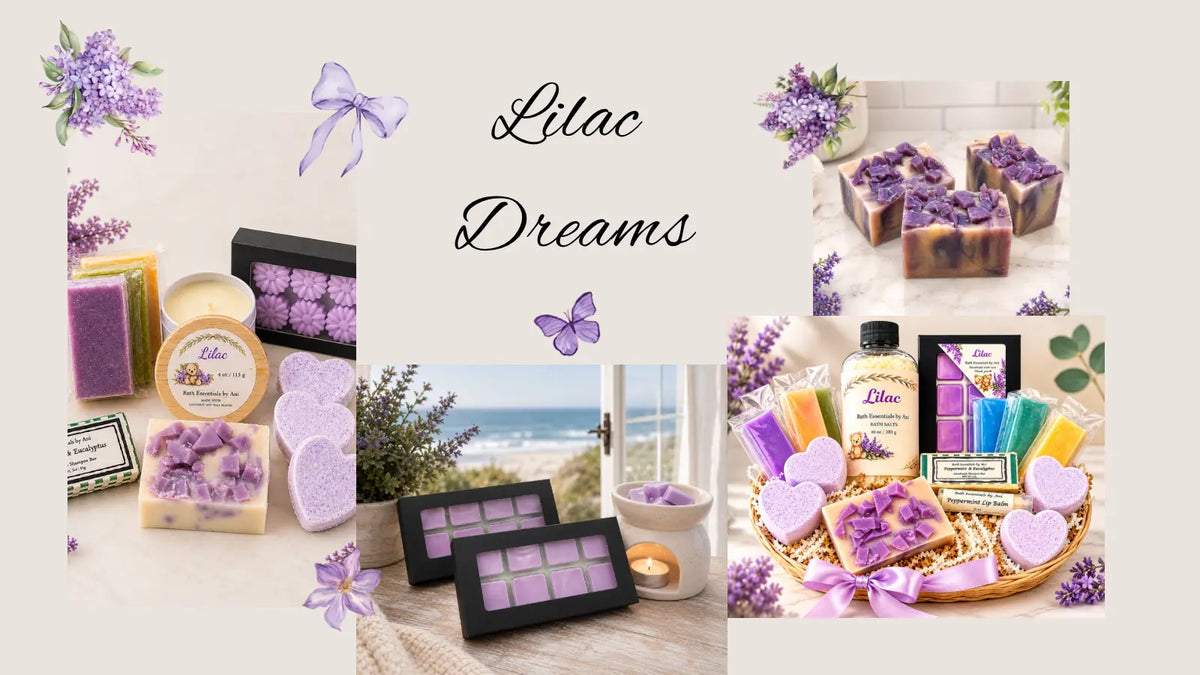 Lilac Dreams bath gift collage with purple products and lilac flowers