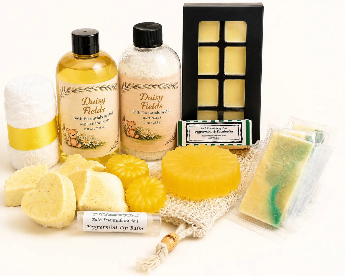 Yellow daisy bath gift set with yellow soaps, bath salts, lip balm, and candle in box