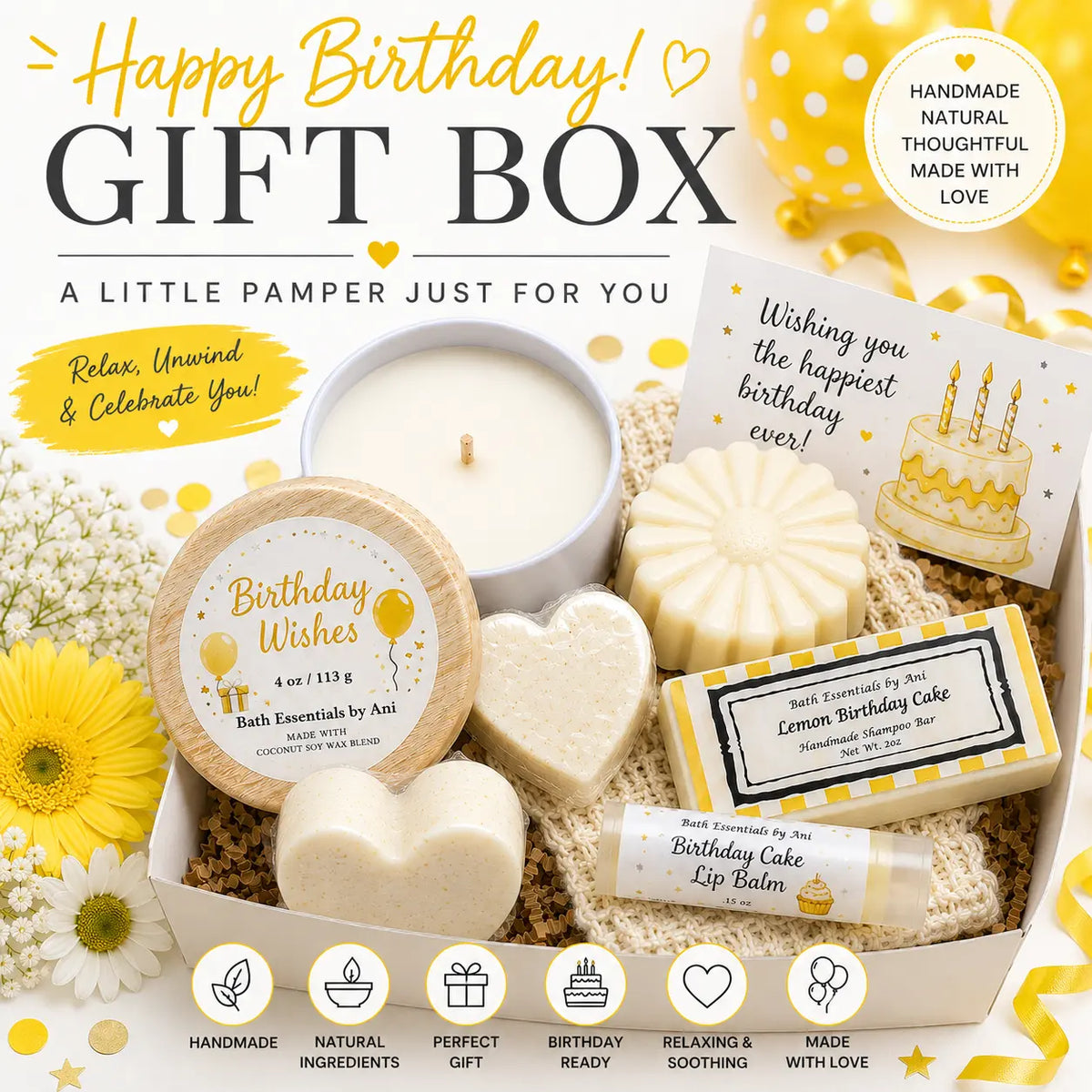 Happy Birthday bath gift box with yellow candle, soap bars, and lip balm inside