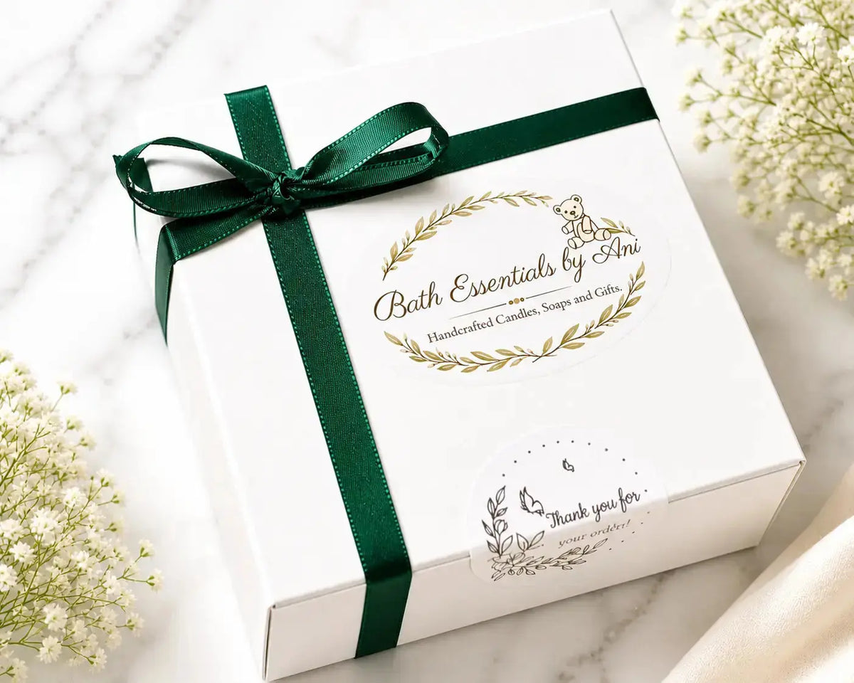 Bath essentials gift box with green ribbon and botanical-style gift label