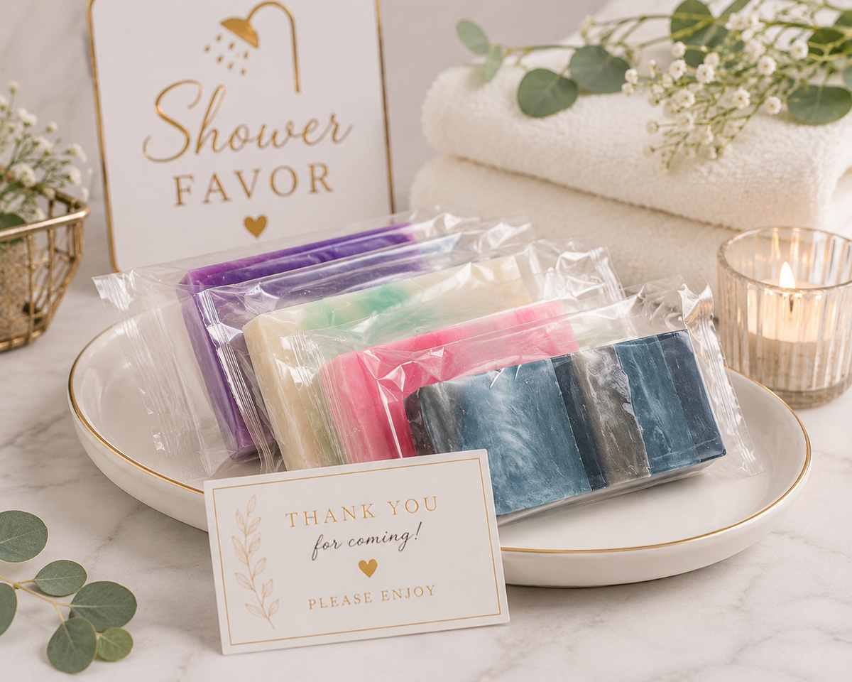 Individually wrapped mini soap bars on plate, assorted colors in clear plastic, with thank-you card