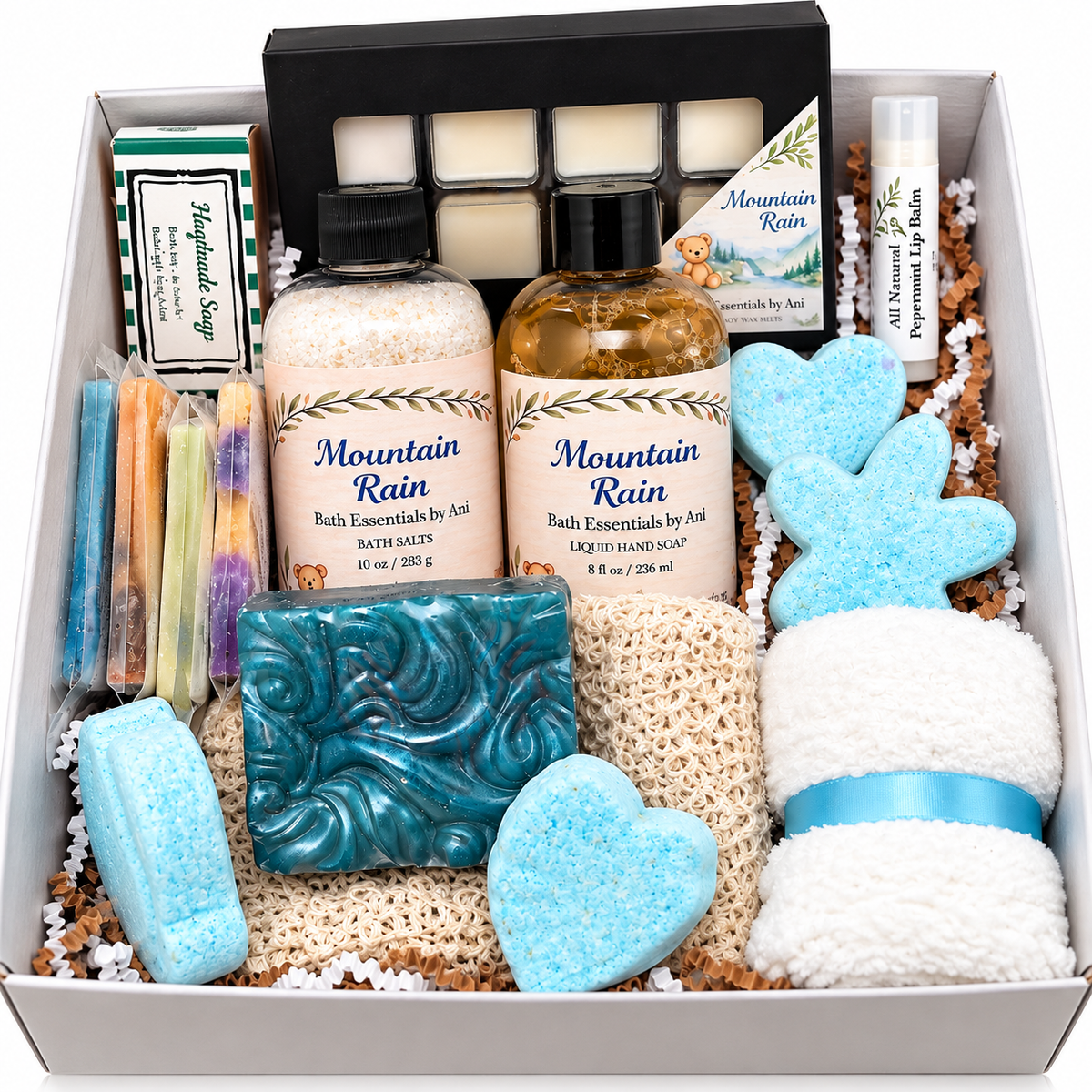 Bath gift box with essential oil bottle, teal soap bar, blue sponge shapes, bath salts