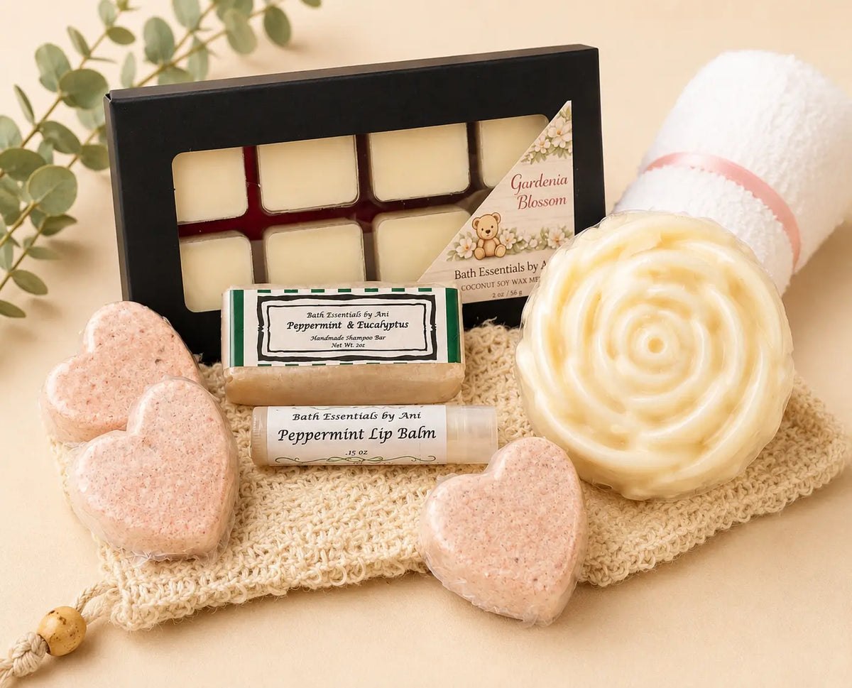Spa bath gift set with pink heart bath bombs, swirl soap, towel roll and wax melt tray