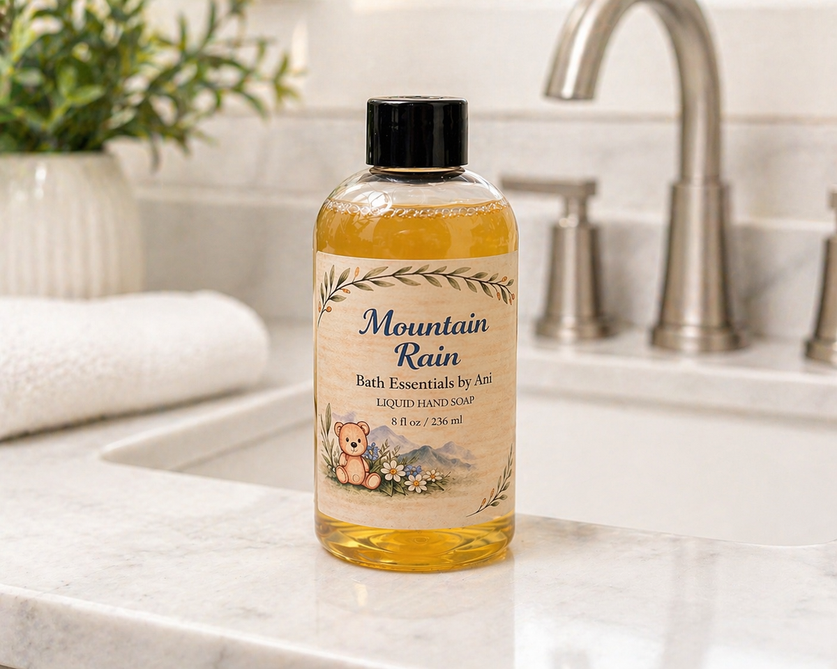 Amber liquid hand soap bottle with botanical label and black pump top