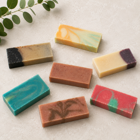 Handmade travel-size soap bars sampler with assorted colored rectangular bars