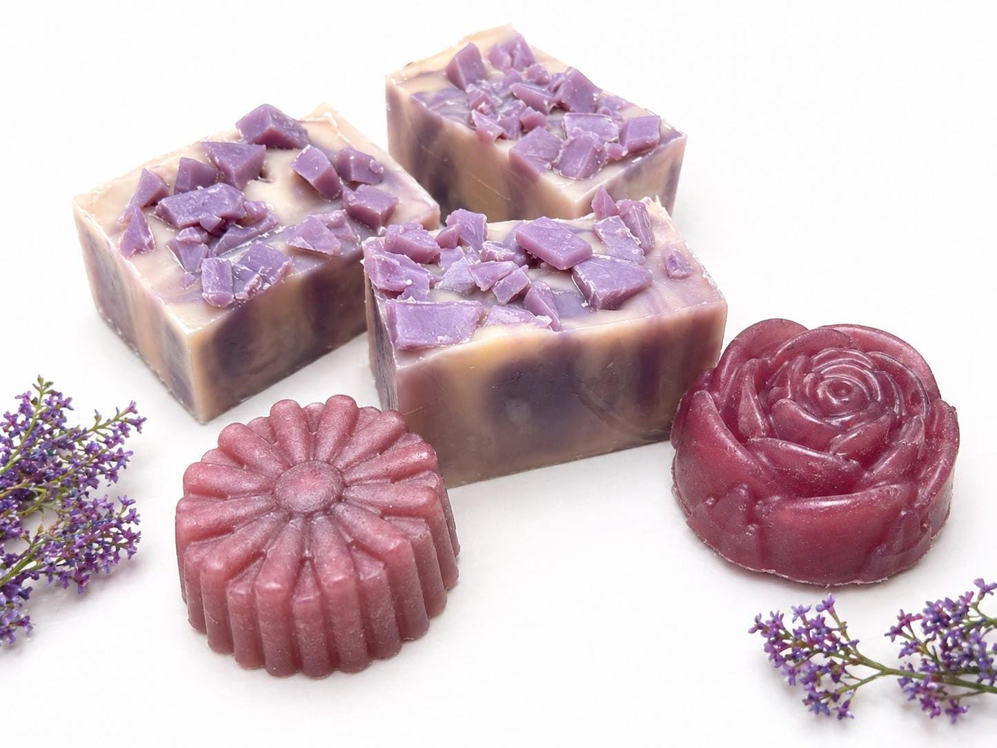 Lilac bath gift basket handmade soaps, lavender and pink bars with a rose-shaped soap
