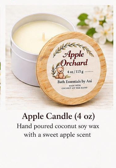 Apple Orchard scented candle (4 oz) with round woodgrain lid and lit wick