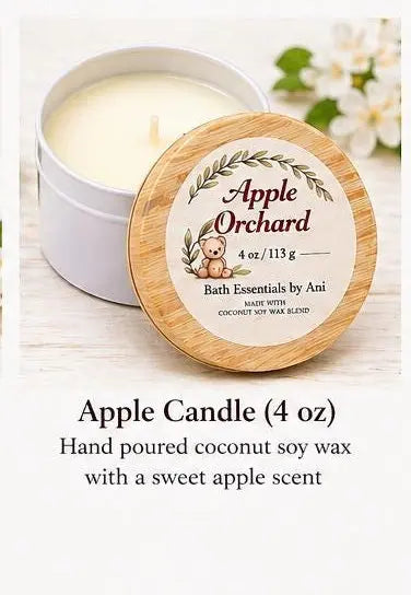 Apple Orchard scented candle (4 oz) with round woodgrain lid and lit wick