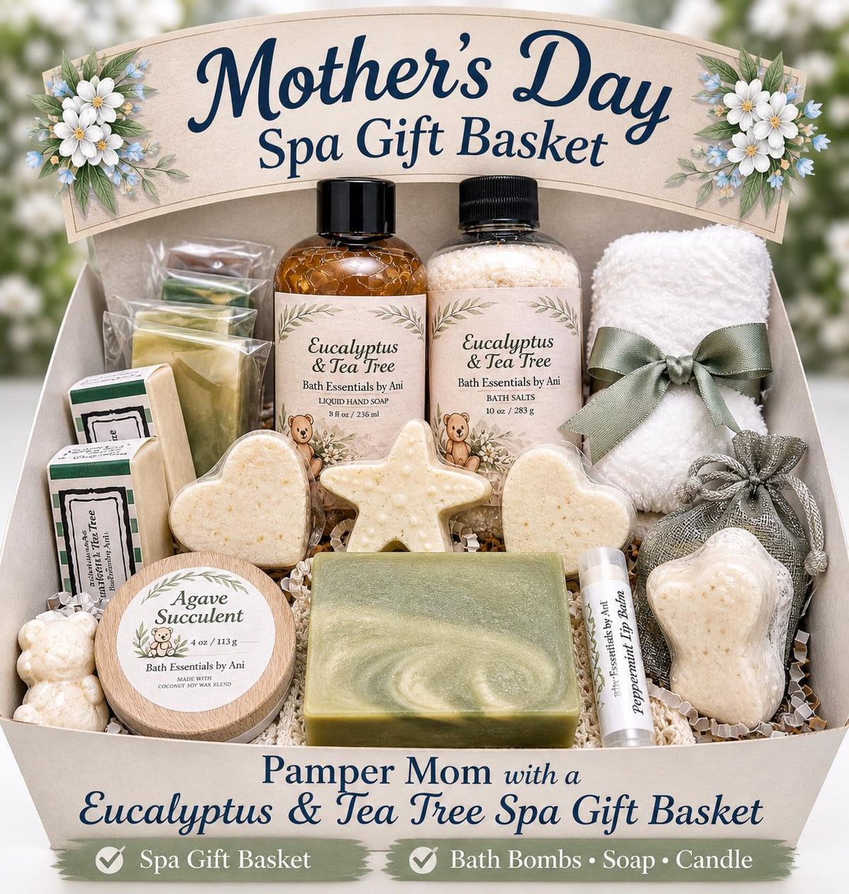 Spa gift basket with eucalyptus bath bottles, bath bombs, soap bars, and green soap slab
