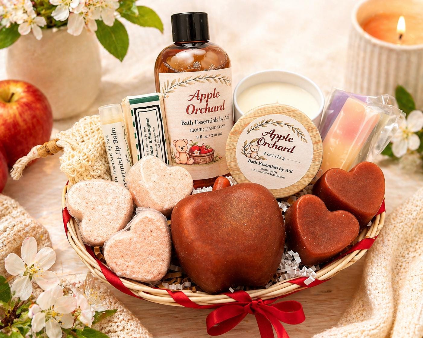 Apple Orchard bath essentials gift basket with apple-scented soaps, candle, and bath products