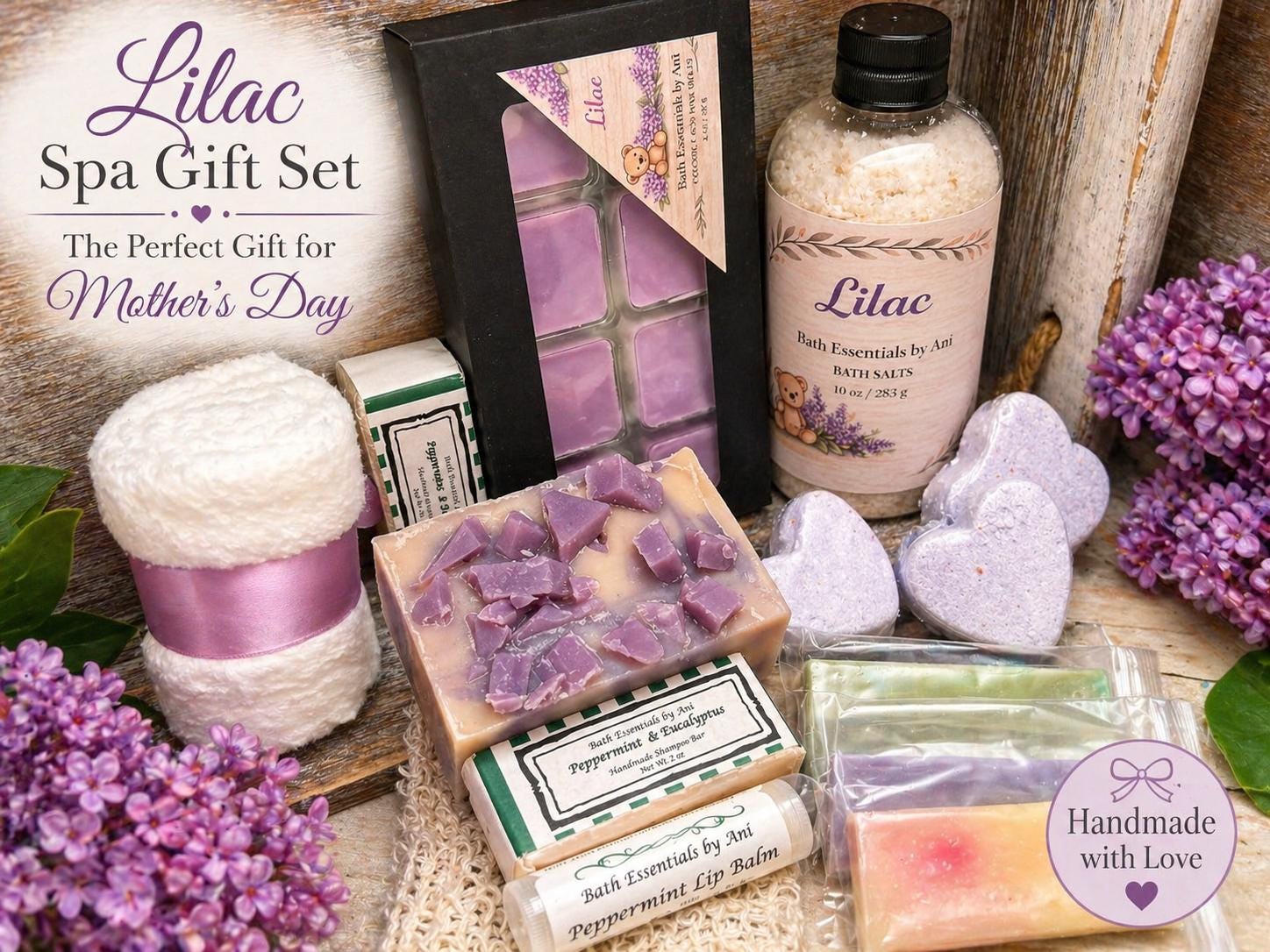 Spa gift set with lilac purple soap bars, bath hearts, and wax melts in a box