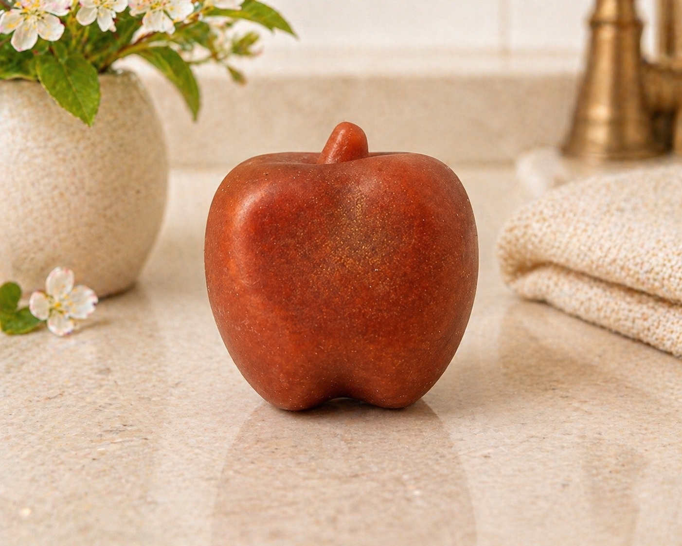 Red apple-shaped bath soap with glossy surface