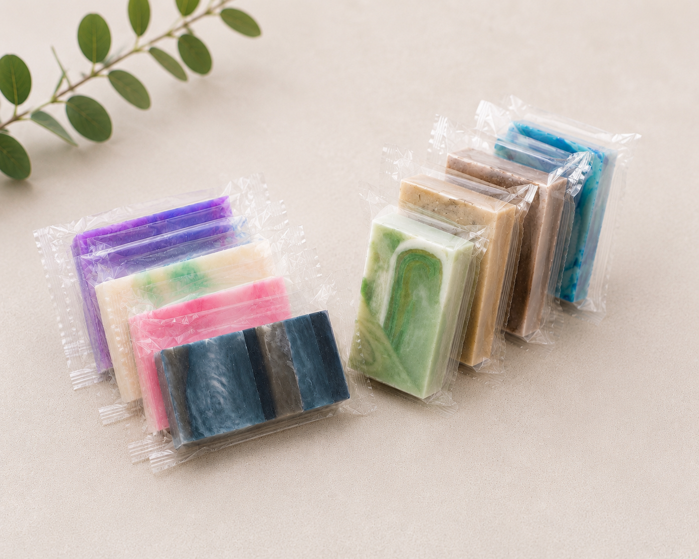 Handmade travel-size soap bars sampler, multiple wrapped stacks of colorful bars in plastic