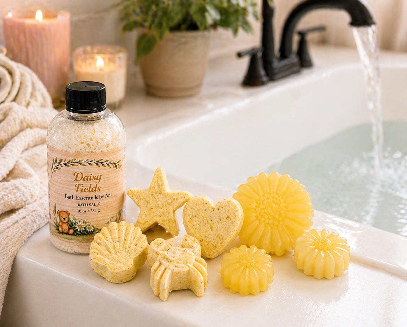Bath gift basket with Daisy Fields bath essentials: bottle and star, flower, and bar soaps.