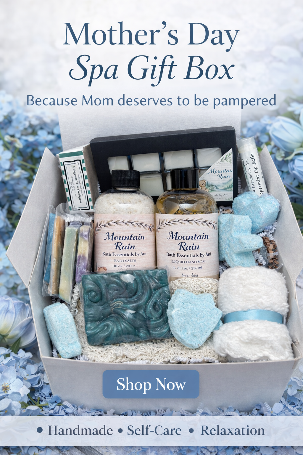 Spa gift box with blue handmade soap, bath bomb, bath salt, and wax melts set