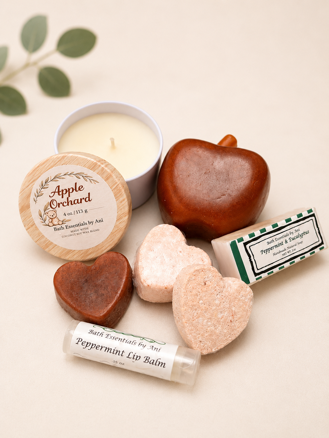 Apple Orchard bath gift set with scented candle tin, heart soaps, and lip balm pack