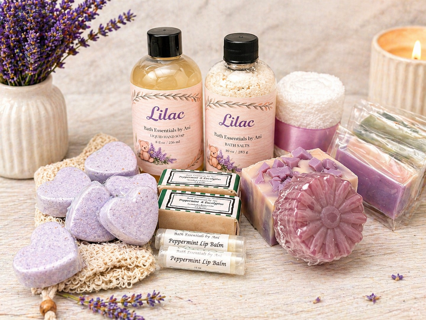 Lilac bath gift set with two bottles, heart soaps, bath salts, and soap bar