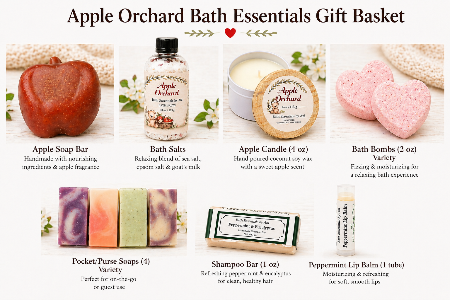 Apple-themed bath essentials gift basket with soaps, bath salts, candle and lip balm