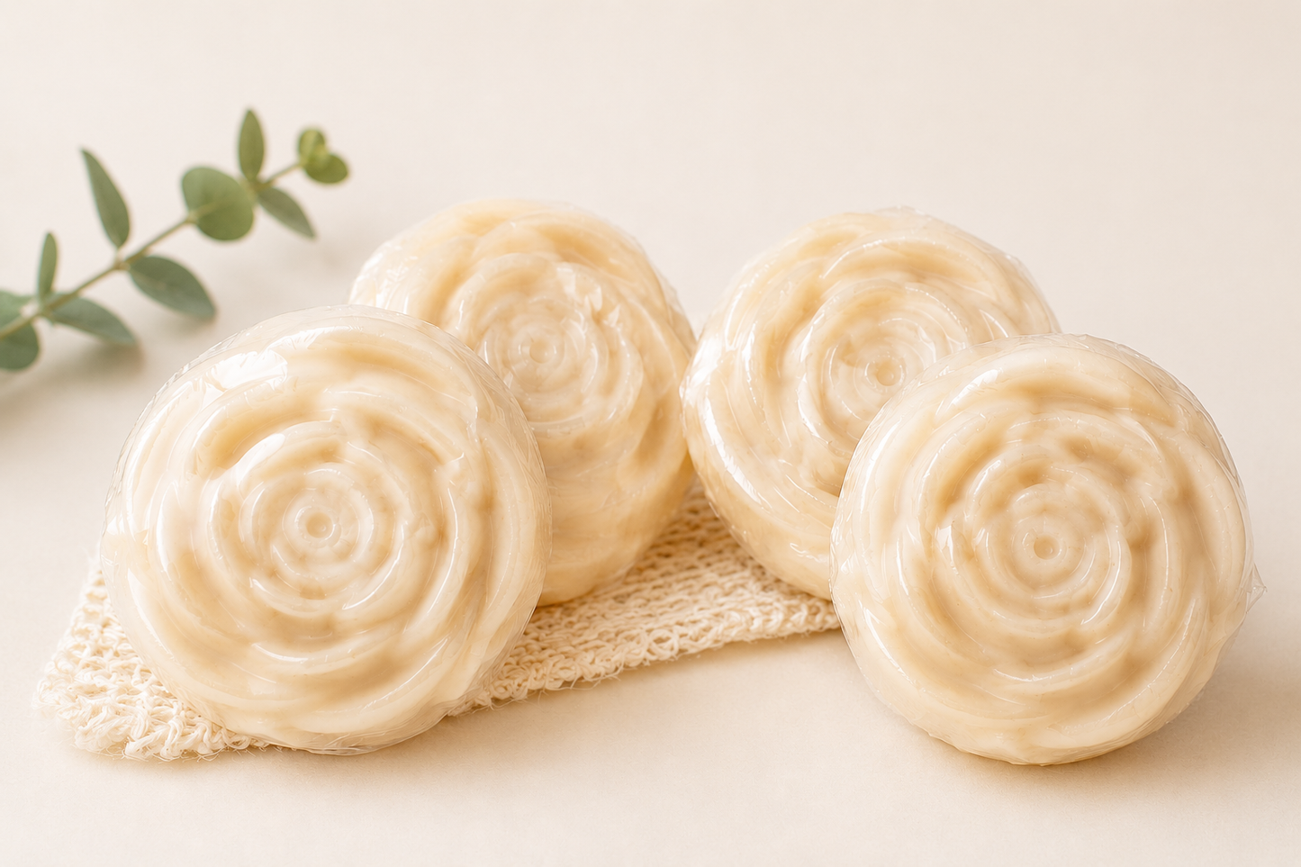 Swirl-shaped cream soap bars on a small textured cloth.