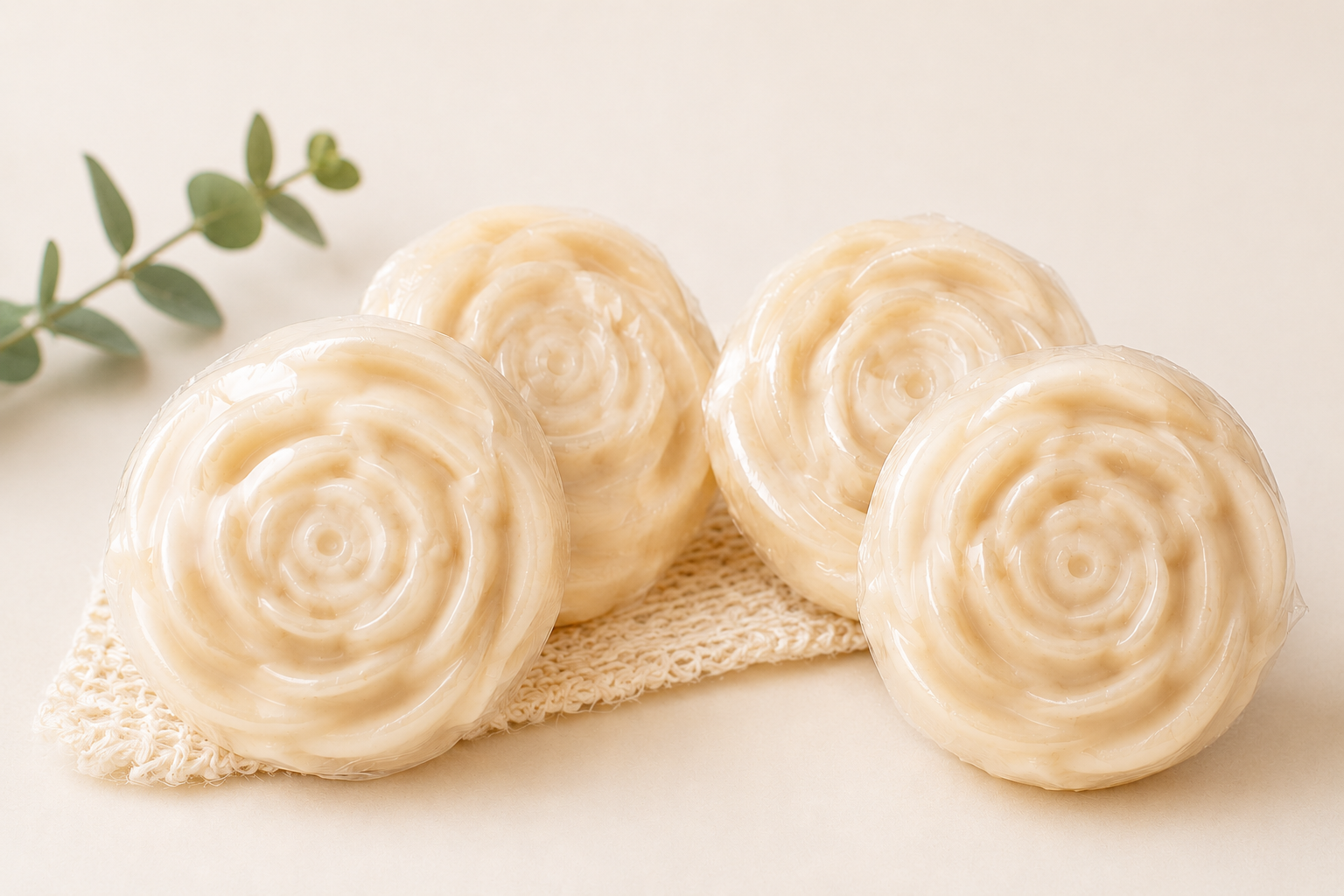 Swirl-shaped cream soap bars on a small textured cloth.