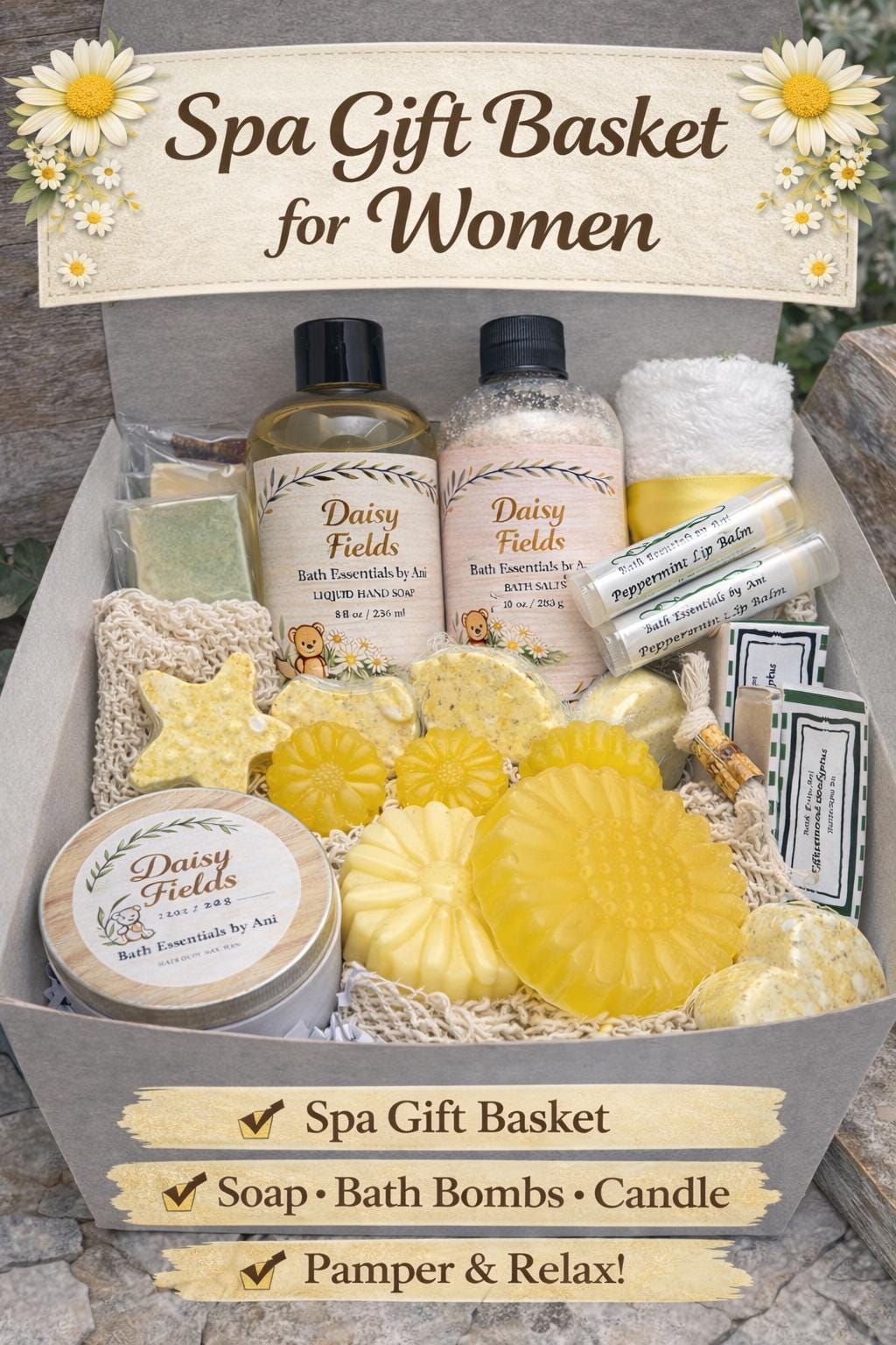 Spa gift basket with yellow daisy bath products, candle, soap bars, and bath bombs
