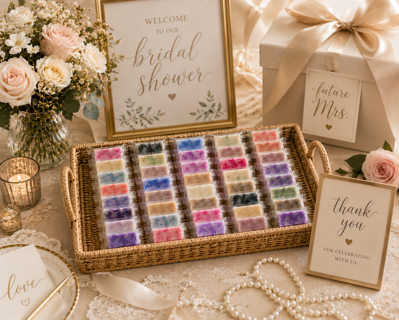 Mini soap bar assortment in woven tray with multicolor wrapped bars