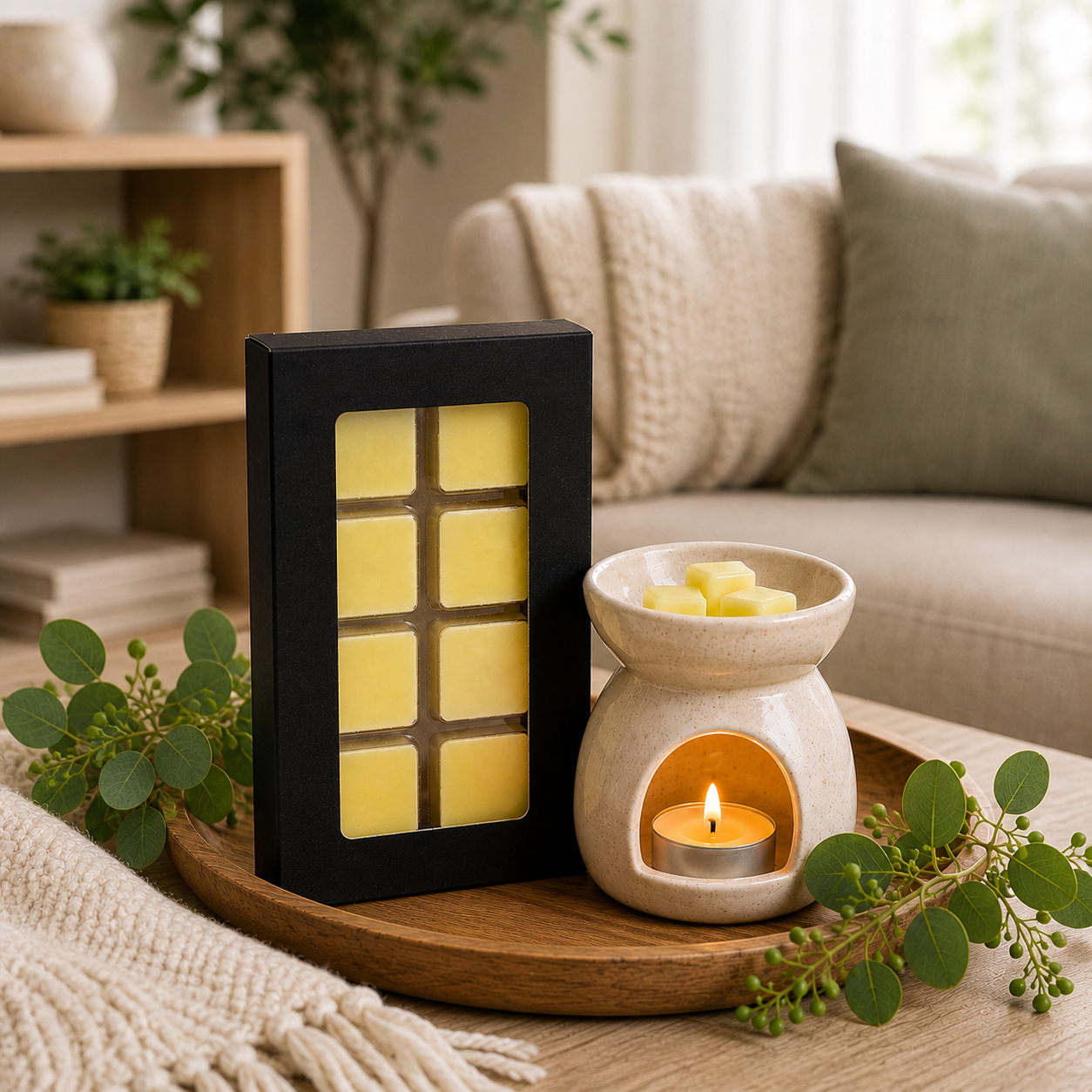 Scented wax melt gift set with black tray and burning tea light in ceramic wax warmer.