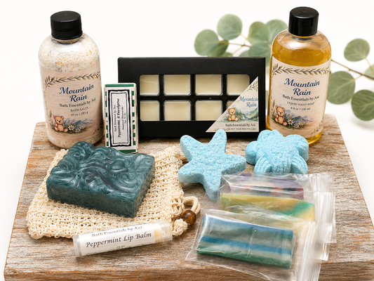 Bath pamper gift set with blue soaps, bath bombs, lip balm, and bath essentials tray