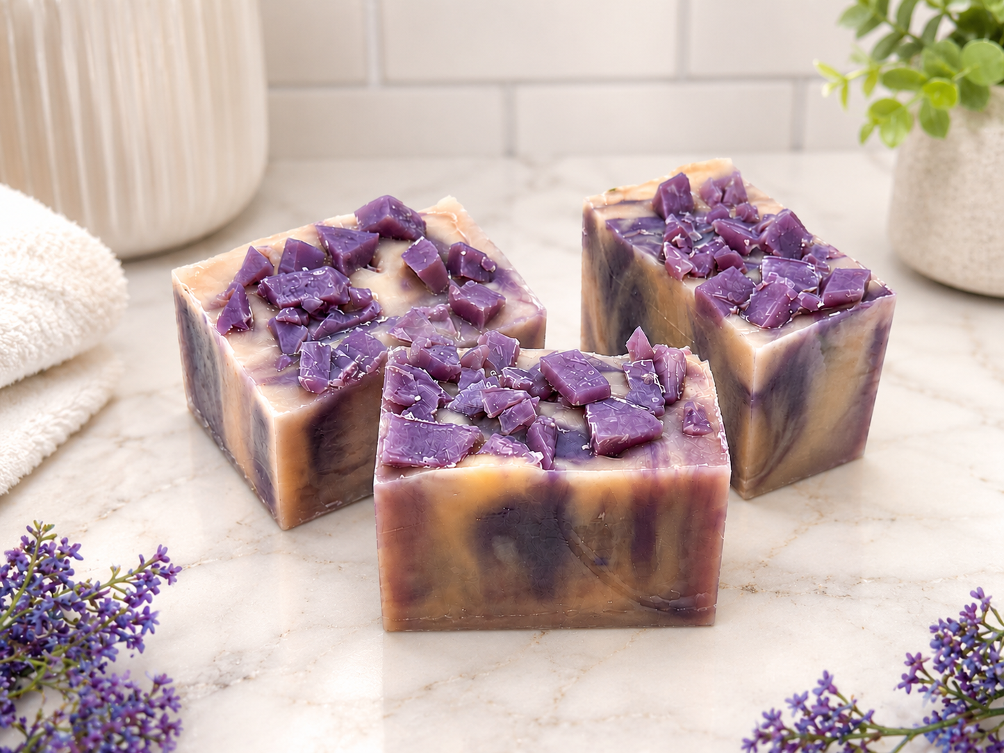 Handmade soap bars with purple topping, arranged in clear plastic wrappers.