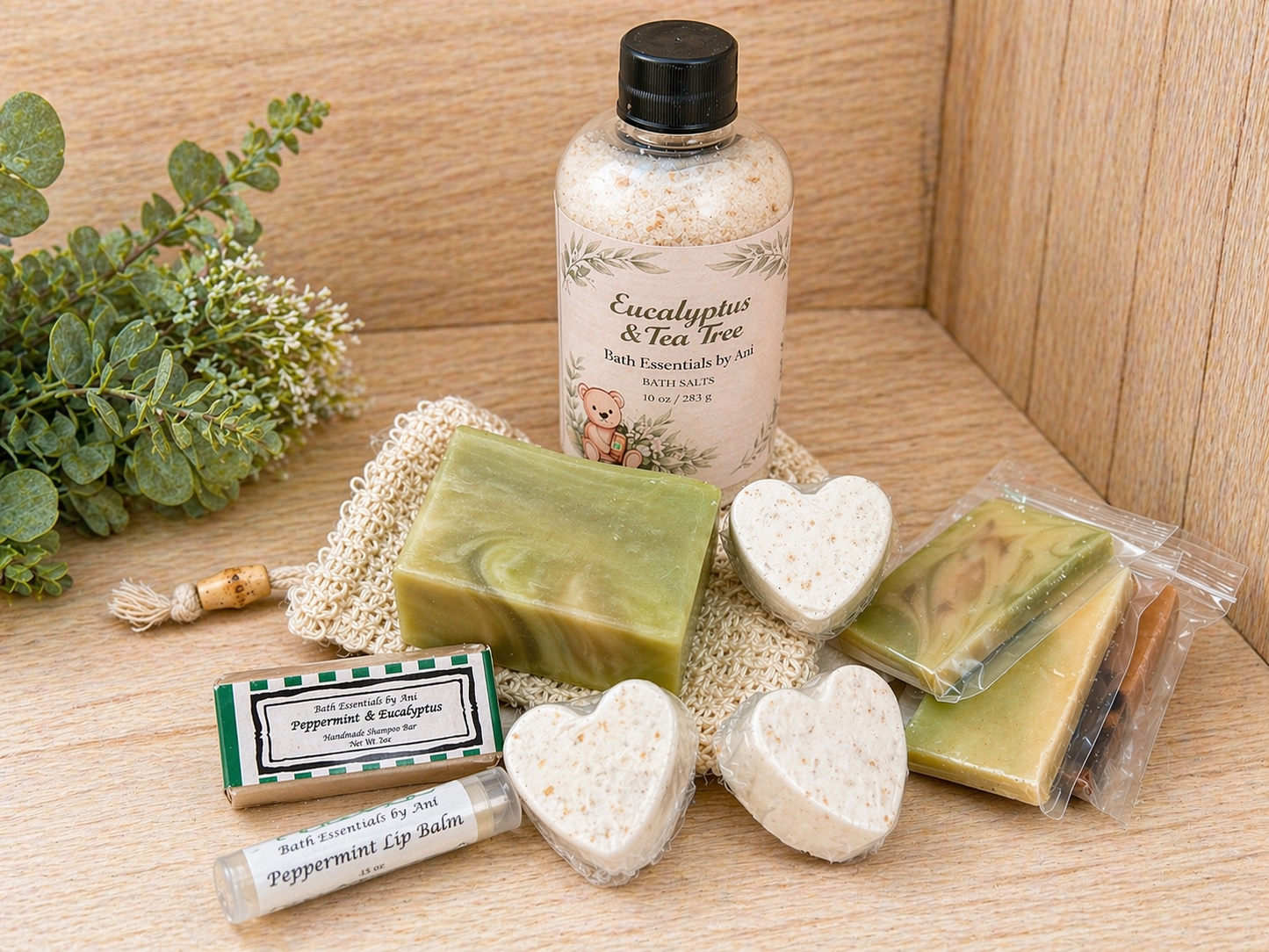 Bath gift set with eucalyptus & tea tree bottle, heart soaps, soap bars, and lip balm