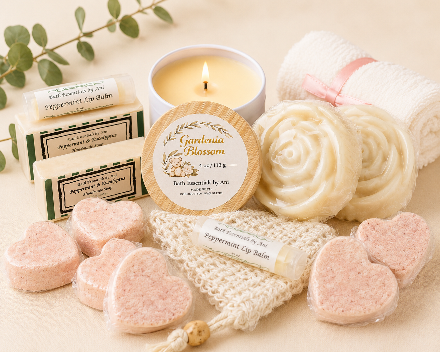Self care set with lit candle, Gardenia Blossom soap round, spiral soap, and heart soaps