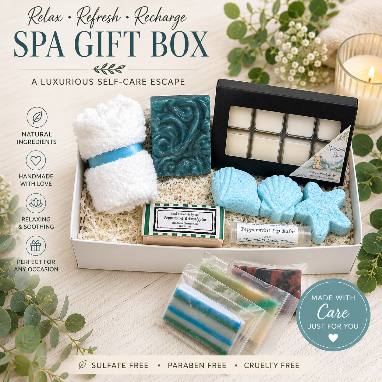 Spa gift box with teal soap bar, blue bath bombs, lip balm, towel, and candle