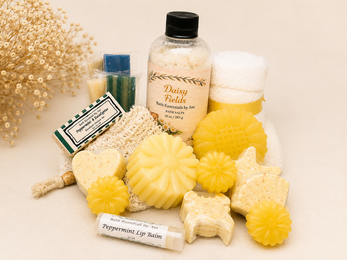Yellow daisy bath gift set with soaps, balm bars, bath salts, and scrub sponge