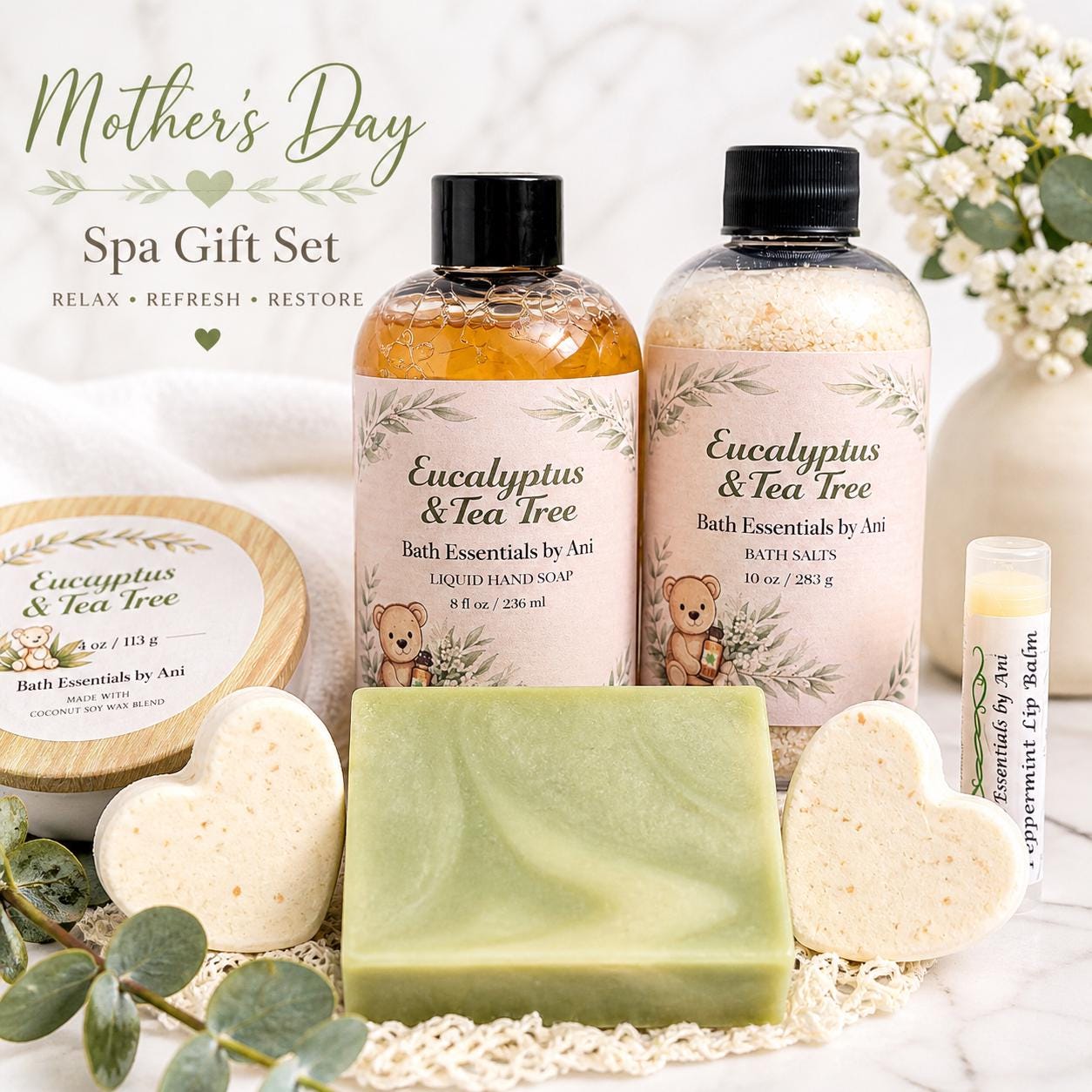 Spa gift set with eucalyptus bath bottles, bath salts jar, and green soap bar