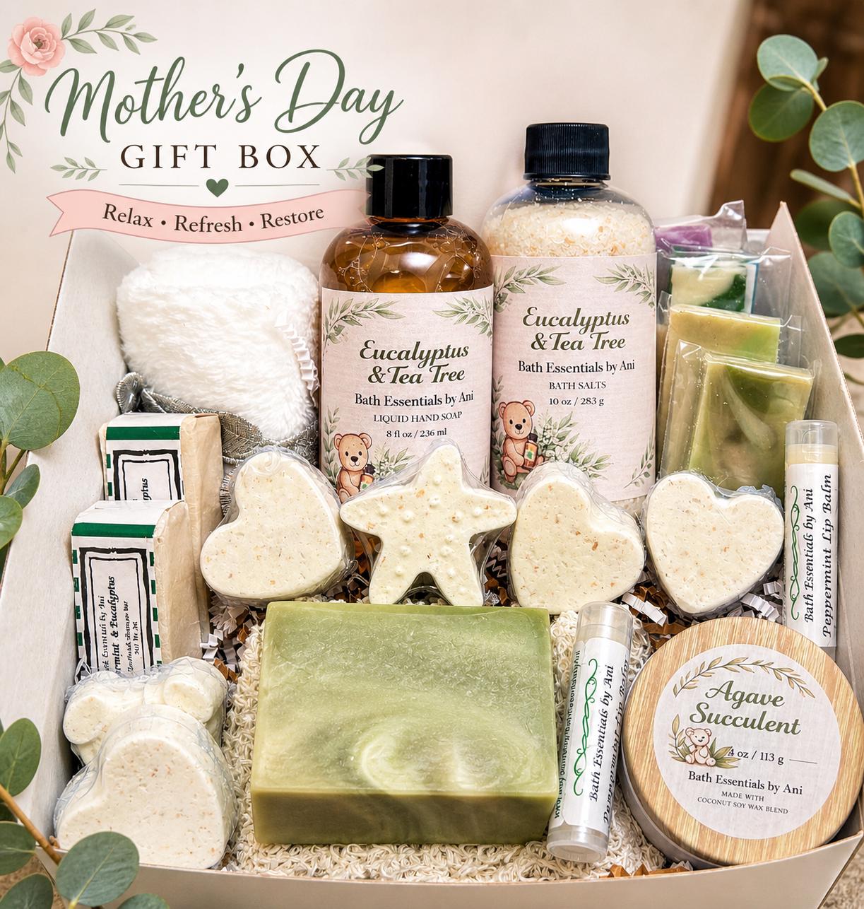 Mother’s Day gift basket with eucalyptus & tea tree bottles, soap hearts, and agave succulent tin