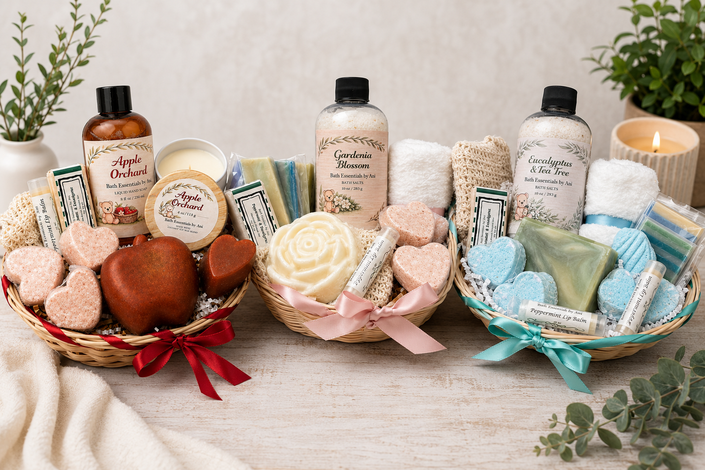 Bath gift basket with assorted soaps, bath salts, bath bombs, and lip balm