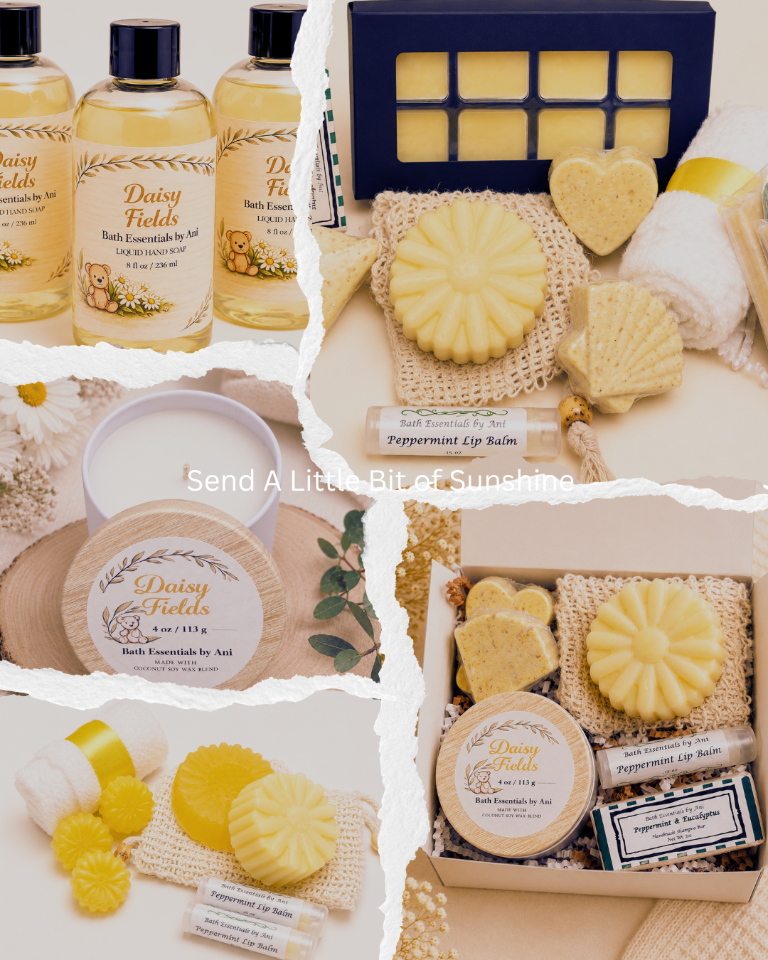 Gift box of bath essentials with flower and heart soaps plus soap and lip balm items