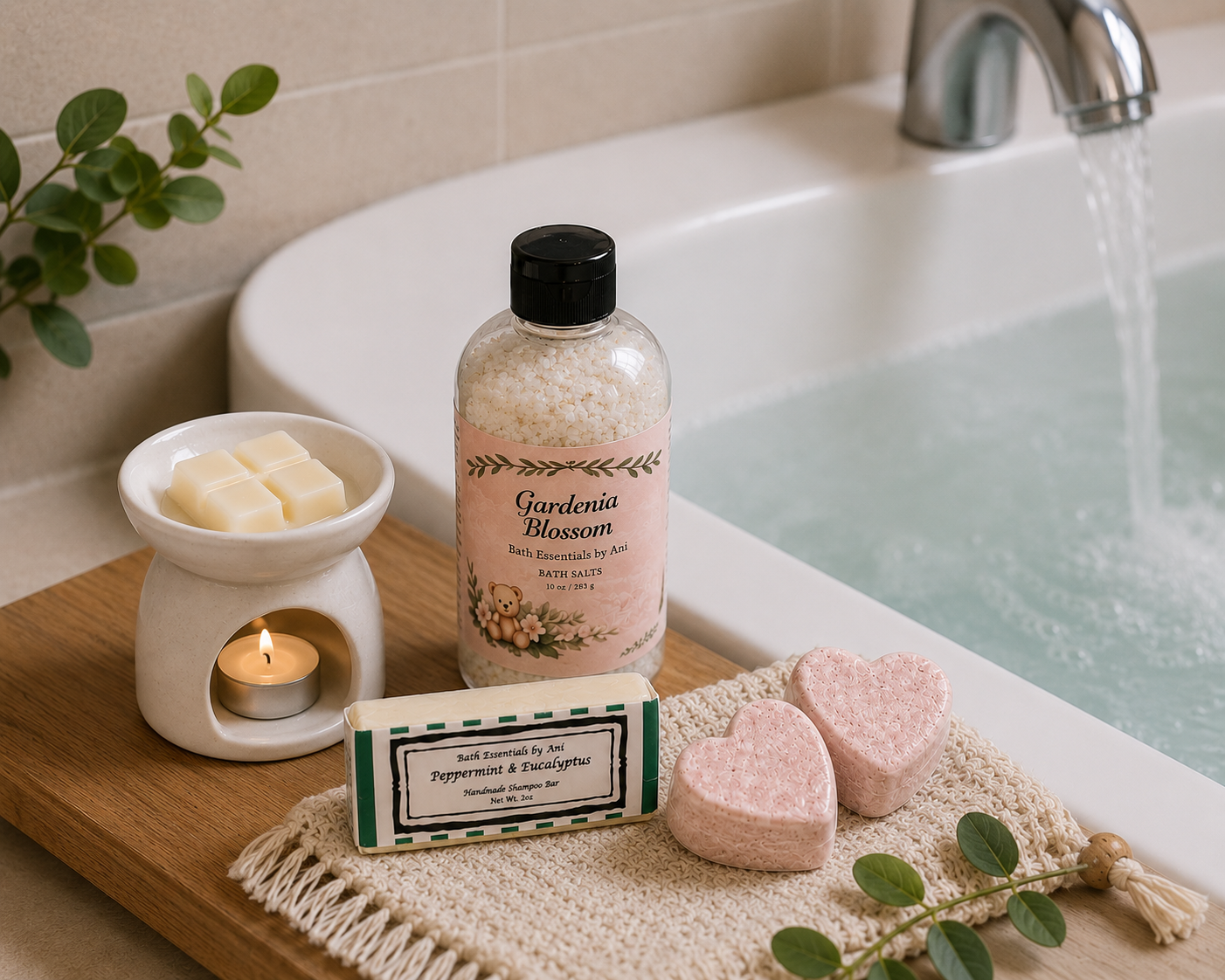 Spa gift set on a bathroom counter with candle, bath salts jar, soap bars, and balm.
