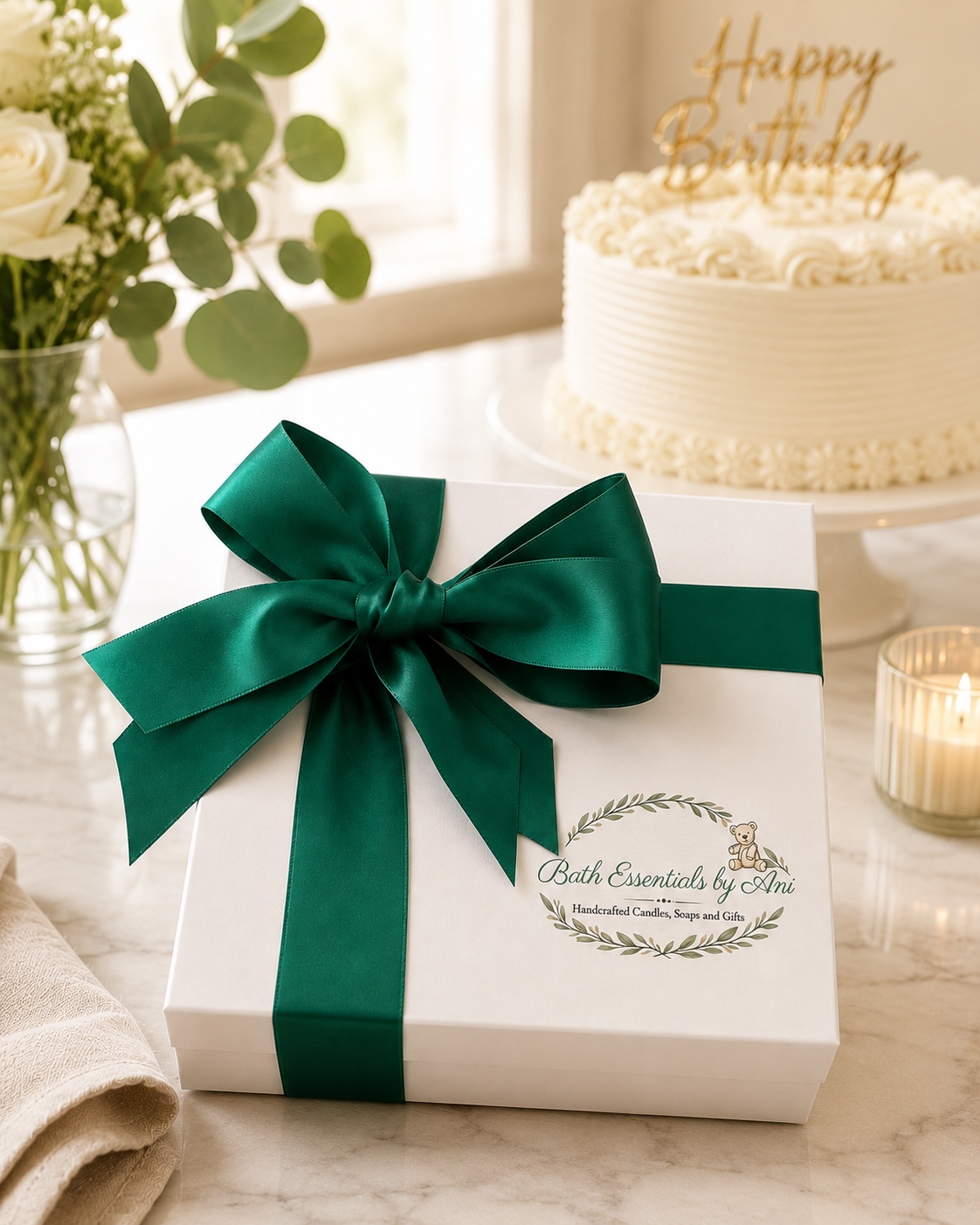 Spa gift box with green ribbon and bath essentials logo on white gift wrap