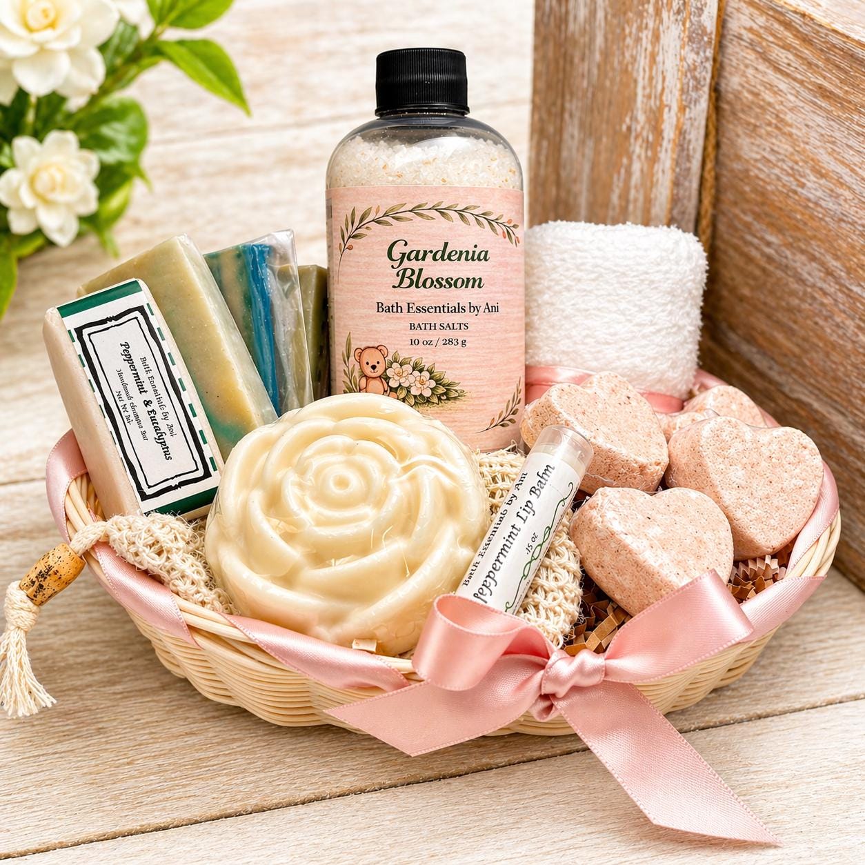 Bath gift basket with rose-shaped soap, bath salts, lip balm, and bath bars