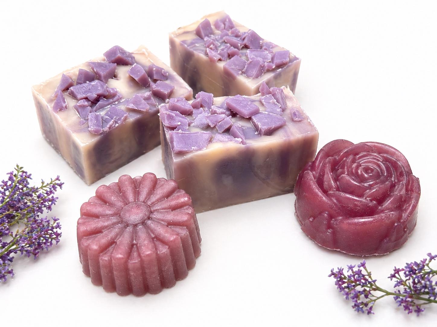 Handmade soap and wax treats set: lavender cubes, flower soap, and rose-shaped bar