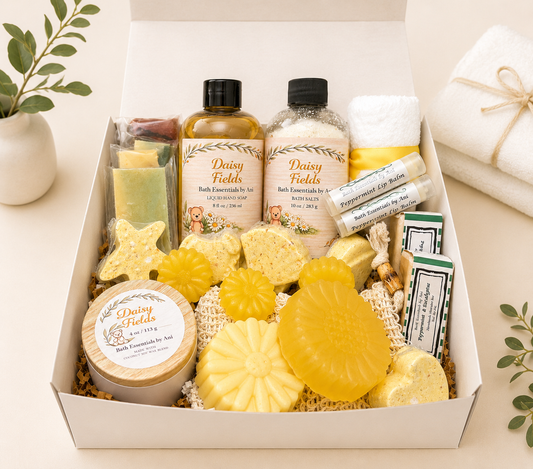 Yellow daisy bath gift box with handmade soaps, bath salts, and bath accessories inside