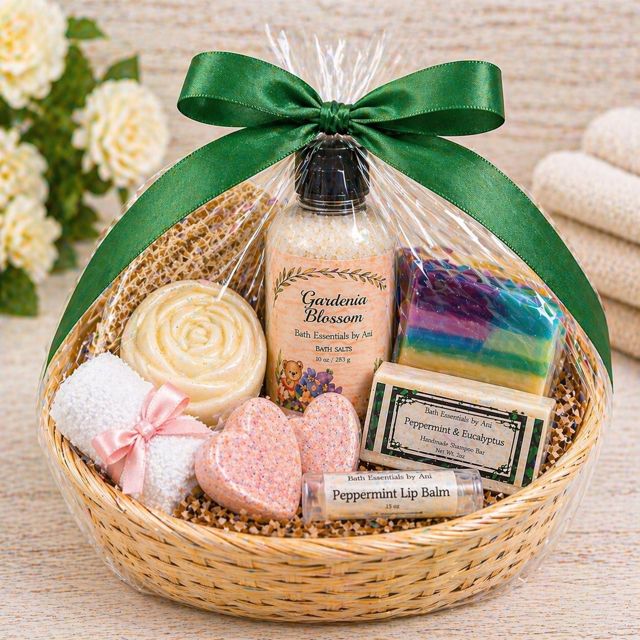 Ribbon-tied bath gift basket with rose soap, bath salts, bath bars, and lip balm